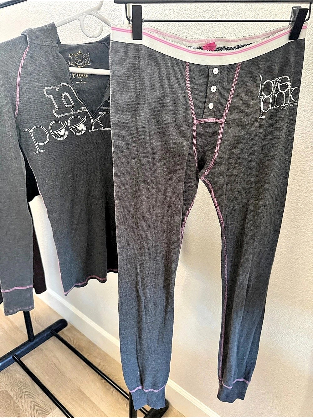 Victoria’s Secret PINK Thermal Pajama Set in Grey and Pink
